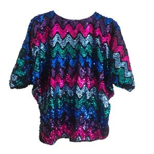 Praise Hymn Womens Sparkly Sequin Zig Zag Pattern Black Multi Color Top